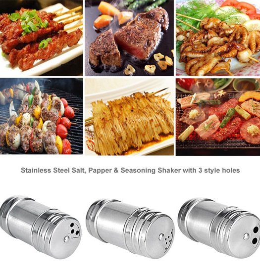 2 Piece Set of Stainless Steel Seasoning, Spice, Salt & Pepper Shaker,
