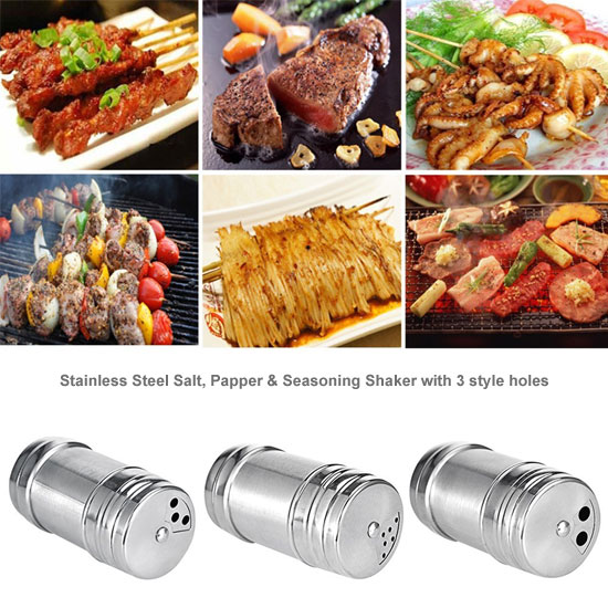 2 Piece Set of Stainless Steel Seasoning, Spice, Salt & Pepper Shaker,
