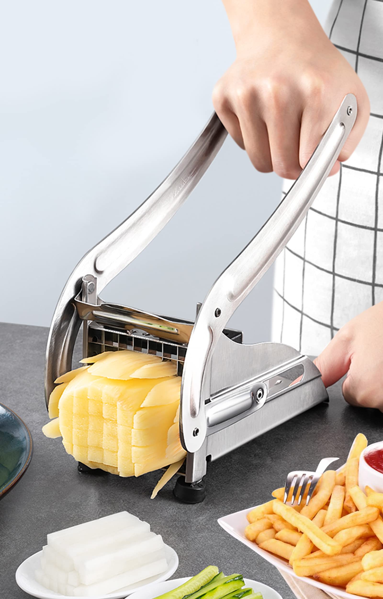 2-Blade Manual French Fry Cutter, Stainless Steel Potato & Vegetable Slicer - Image 3