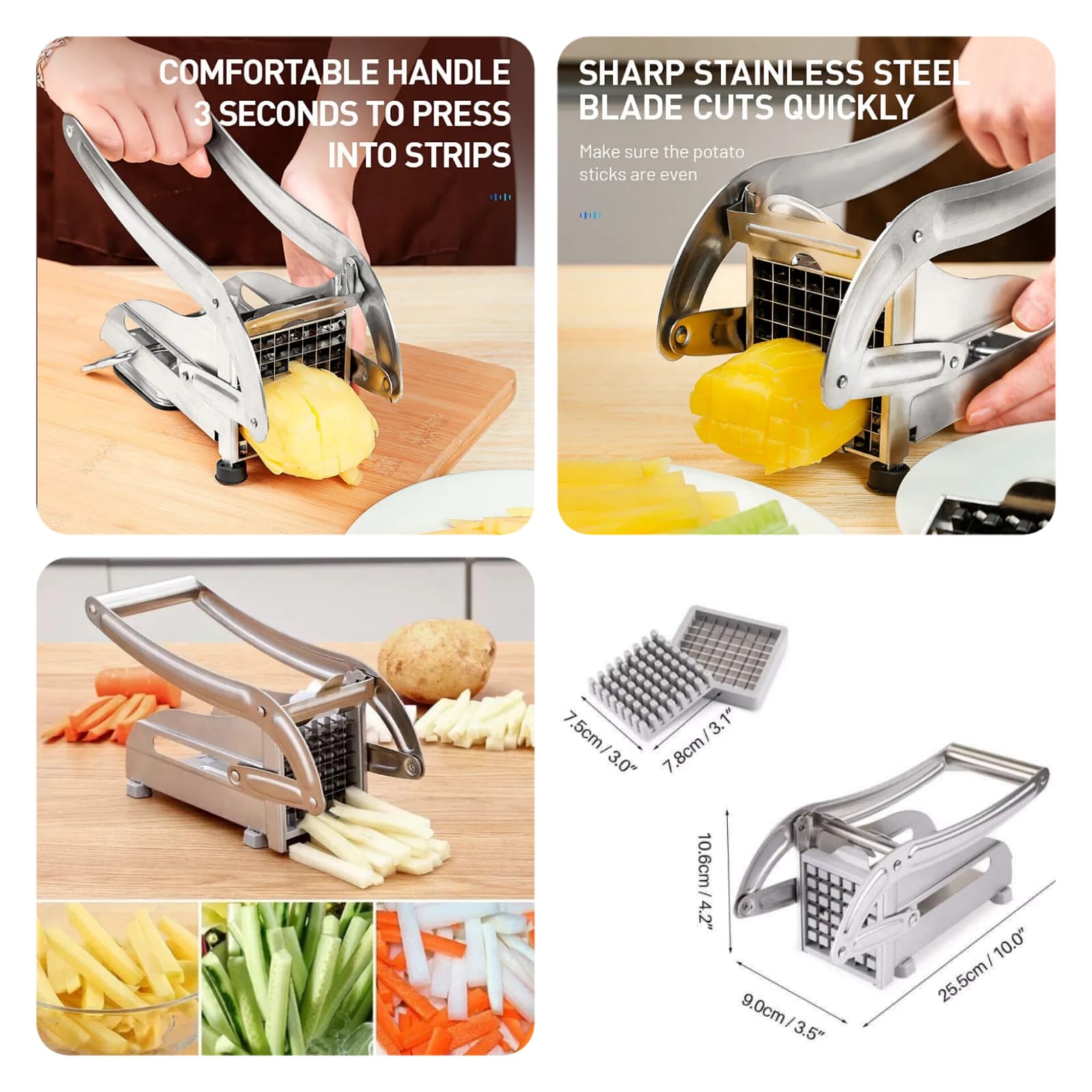 2-Blade Manual French Fry Cutter, Stainless Steel Potato & Vegetable Slicer - Image 4