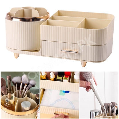 plastic-360-rotating-makeup-organizer-with-brush-holder-1-drawer-9-compartment-for-vanity-product-image