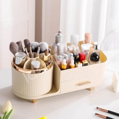 plastic-360-rotating-makeup-organizer-with-brush-holder-1-drawer-9-compartment-for-vanity-product-image