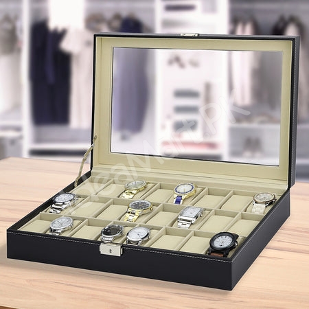 24-grid-leather-watch-organizer-with-transparent-lid-product-image