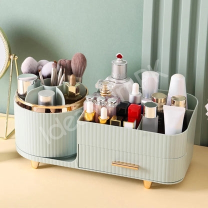 plastic-360-rotating-makeup-organizer-with-brush-holder-1-drawer-9-compartment-for-vanity-product-image