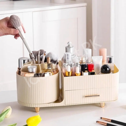 plastic-360-rotating-makeup-organizer-with-brush-holder-1-drawer-9-compartment-for-vanity-product-image