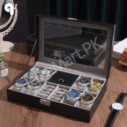 watch-jewellery-organizer-with-lock-transparent-lid-8-grid-leather-storage-case-product-image