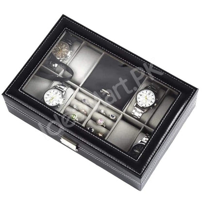 watch-jewellery-organizer-with-lock-transparent-lid-8-grid-leather-storage-case-product-image