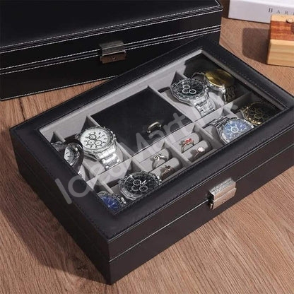 watch-jewellery-organizer-with-lock-transparent-lid-8-grid-leather-storage-case-product-image