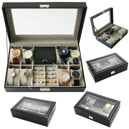 watch-jewellery-organizer-with-lock-transparent-lid-8-grid-leather-storage-case-product-image