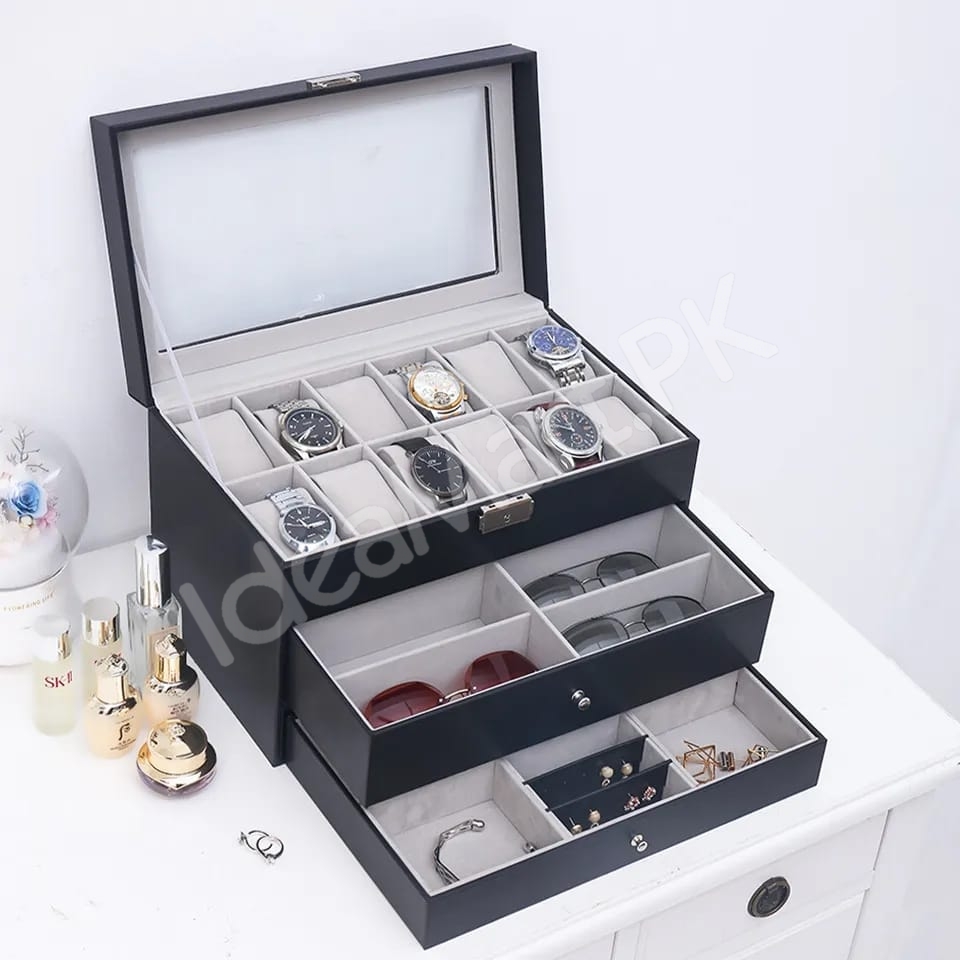 3-layer-leather-12-grid-watch-organizer-with-transparent-lid-lock-for-jewellery-sunglasses-storage-product-image