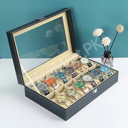 watch-organizer-with-lock-transparent-lid-12-grid-leather-storage-for-jewellery-sunglasses-more-product-image
