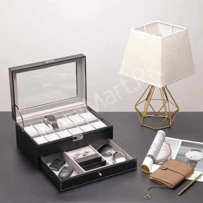 2-layer-leather-12-grid-watch-organizer-with-transparent-lid-lock-for-jewellery-storage-product-image