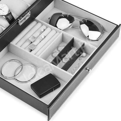 2-layer-leather-12-grid-watch-organizer-with-transparent-lid-lock-for-jewellery-storage-product-image