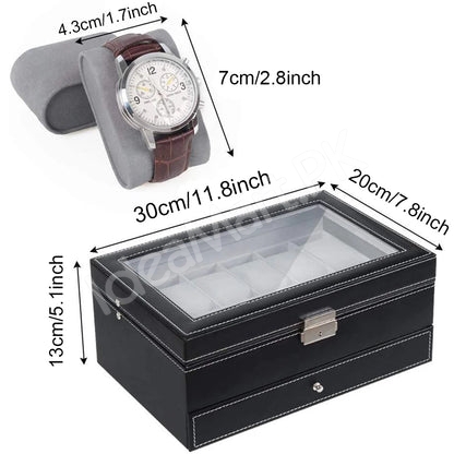 2-layer-leather-12-grid-watch-organizer-with-transparent-lid-lock-for-jewellery-storage-product-image