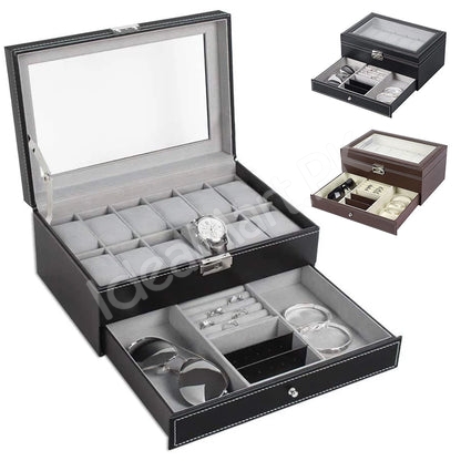 2-layer-leather-12-grid-watch-organizer-with-transparent-lid-lock-for-jewellery-storage-product-image