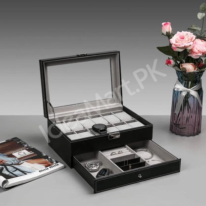 2-layer-leather-12-grid-watch-organizer-with-transparent-lid-lock-for-jewellery-storage-product-image