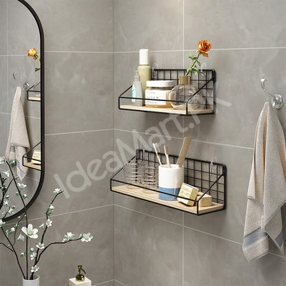 iron-wall-mounted-storage-rack-with-wooden-base-for-bathroom-kitchen-more-product-image