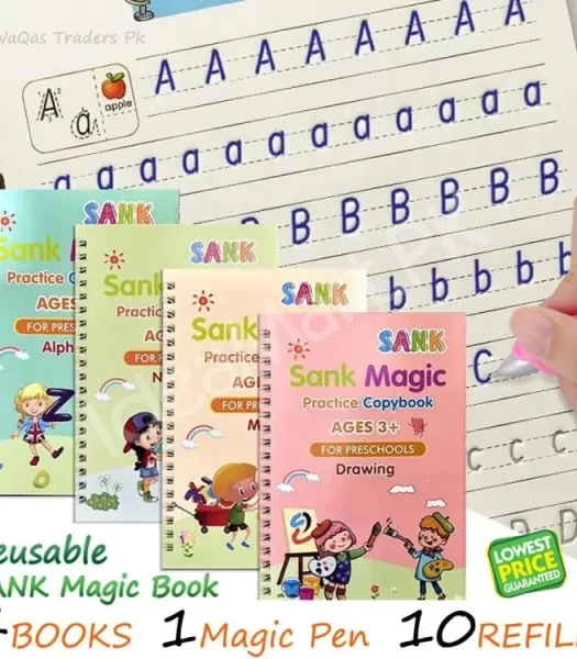 sank-magic-practice-copybook-set-4-learning-books-with-magic-pen-10-refills-for-tracing-handwriting-alphabet-numbers-montessori-preschool-kids-product-image