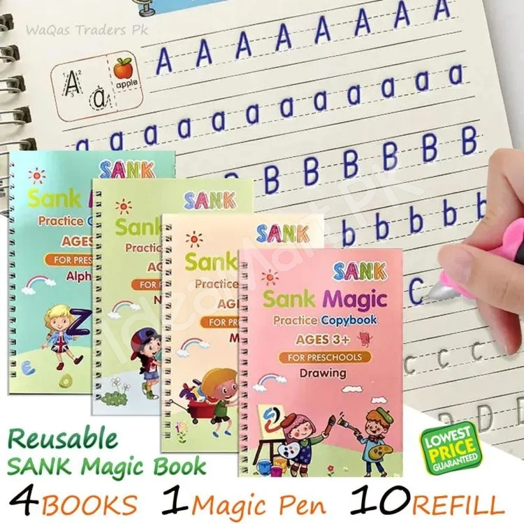 sank-magic-practice-copybook-set-4-learning-books-with-magic-pen-10-refills-for-tracing-handwriting-alphabet-numbers-montessori-preschool-kids-product-image