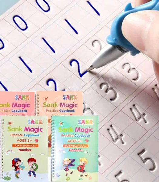 sank-magic-practice-copybook-set-4-learning-books-with-magic-pen-10-refills-for-tracing-handwriting-alphabet-numbers-montessori-preschool-kids-product-image