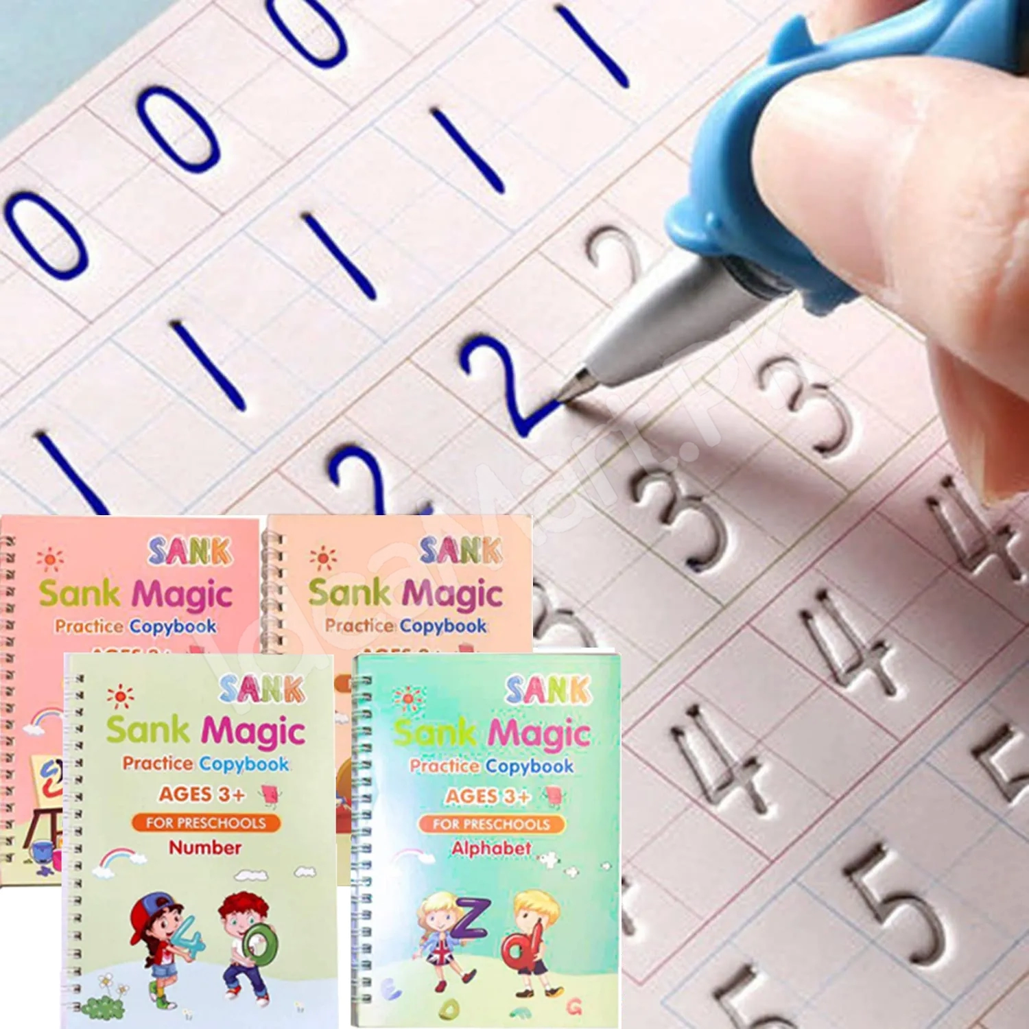 sank-magic-practice-copybook-set-4-learning-books-with-magic-pen-10-refills-for-tracing-handwriting-alphabet-numbers-montessori-preschool-kids-product-image