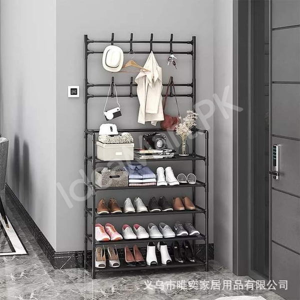 freestanding-metal-organizer-with-8-hooks-and-4-tier-shoe-rack-for-clothes-and-accessories-product-image