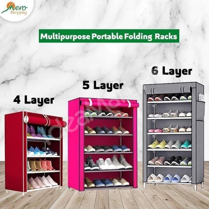 5-tier-portable-shoe-rack-organizer-with-roll-up-dustproof-fabric-cover-metal-frame-product-image
