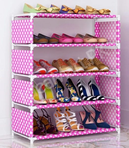 5-tier-portable-shoe-rack-with-pink-polka-dot-fabric-shelves-and-pipe-frame-product-image