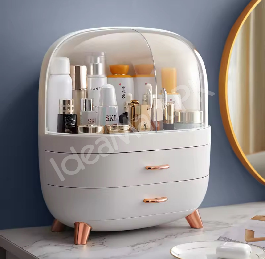 dustproof-cosmetic-storage-box-with-clear-lid-2-drawers-rose-gold-accents-for-vanity-countertop-makeup-organizer-product-image
