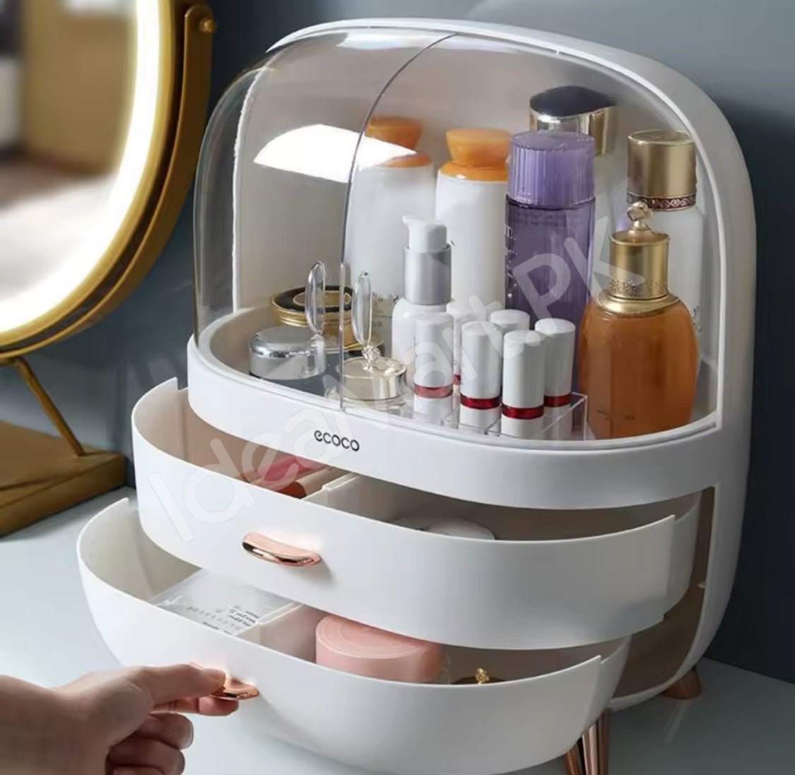 dustproof-cosmetic-storage-box-with-clear-lid-2-drawers-rose-gold-accents-for-vanity-countertop-makeup-organizer-product-image