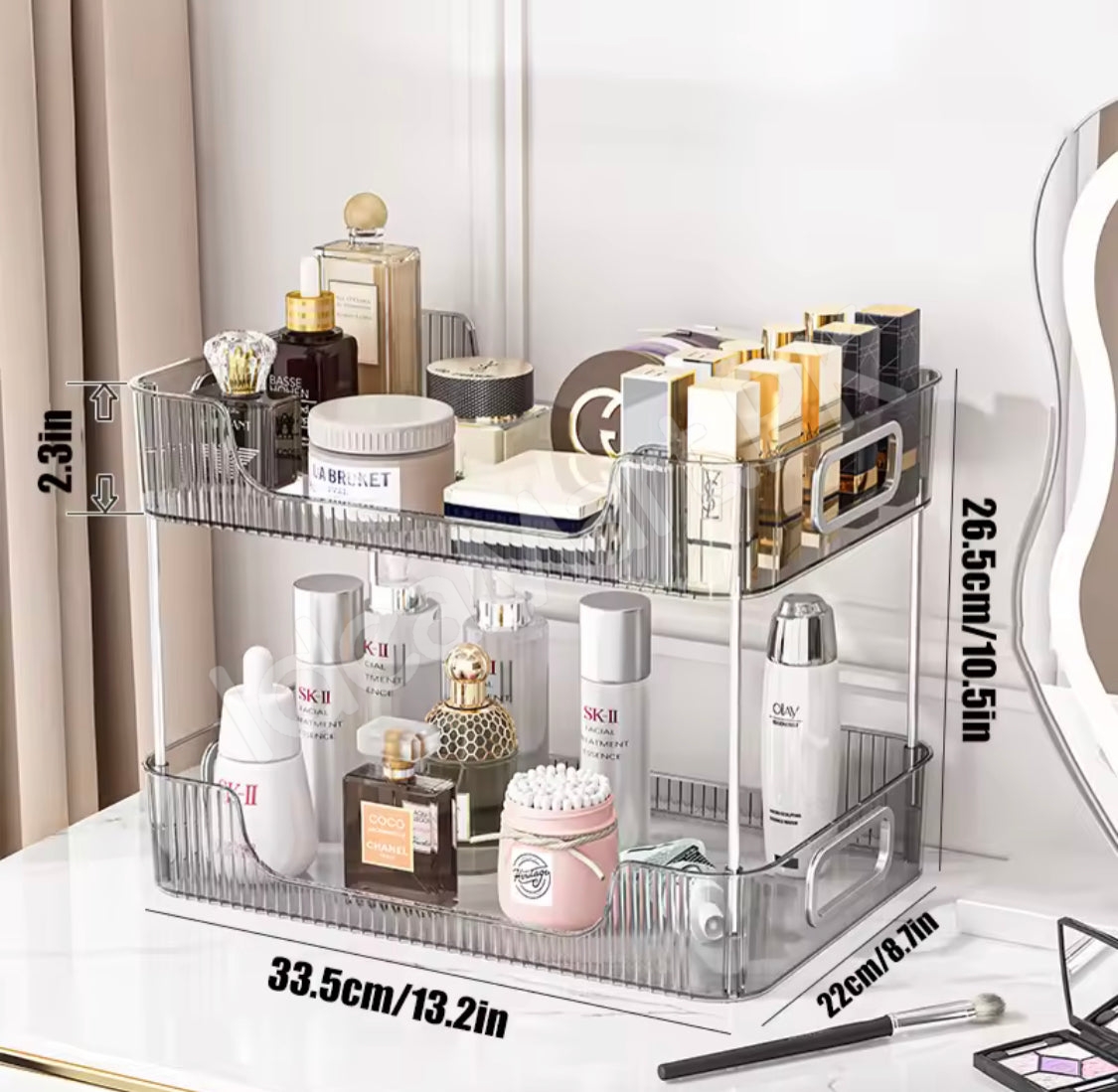 2-tier-clear-acrylic-countertop-organizer-stackable-vanity-storage-rack-with-gold-handles-for-makeup-skincare-bathroom-toiletries-product-image