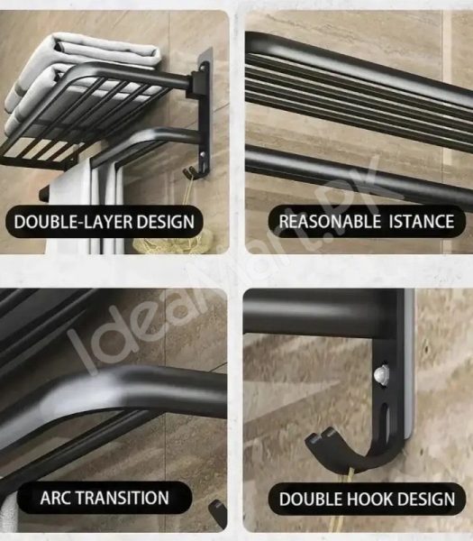 aluminum-space-saving-wall-mounted-double-folding-bath-towel-holder-shelf-with-hooks-for-bathroom-storage-product-image