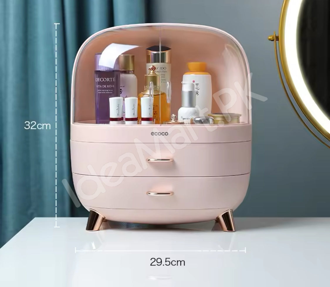 dustproof-cosmetic-storage-box-with-clear-lid-2-drawers-rose-gold-accents-for-vanity-countertop-makeup-organizer-product-image