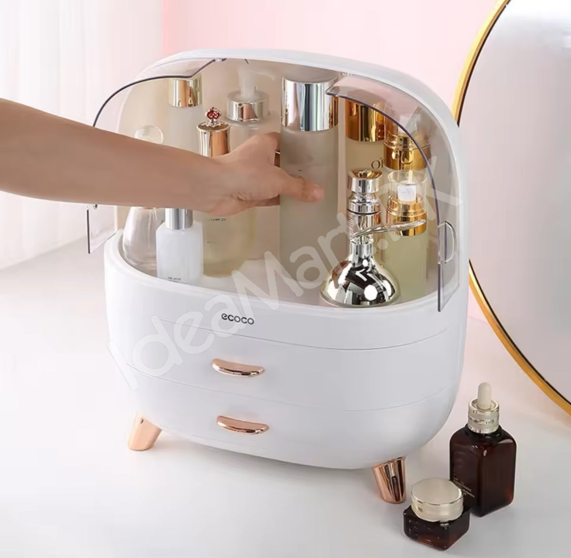dustproof-cosmetic-storage-box-with-clear-lid-2-drawers-rose-gold-accents-for-vanity-countertop-makeup-organizer-product-image