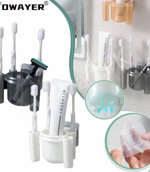 wall-mounted-toothbrush-toothpaste-organizer-set-self-adhesive-bathroom-holder-with-drain-holes-and-cups-product-image