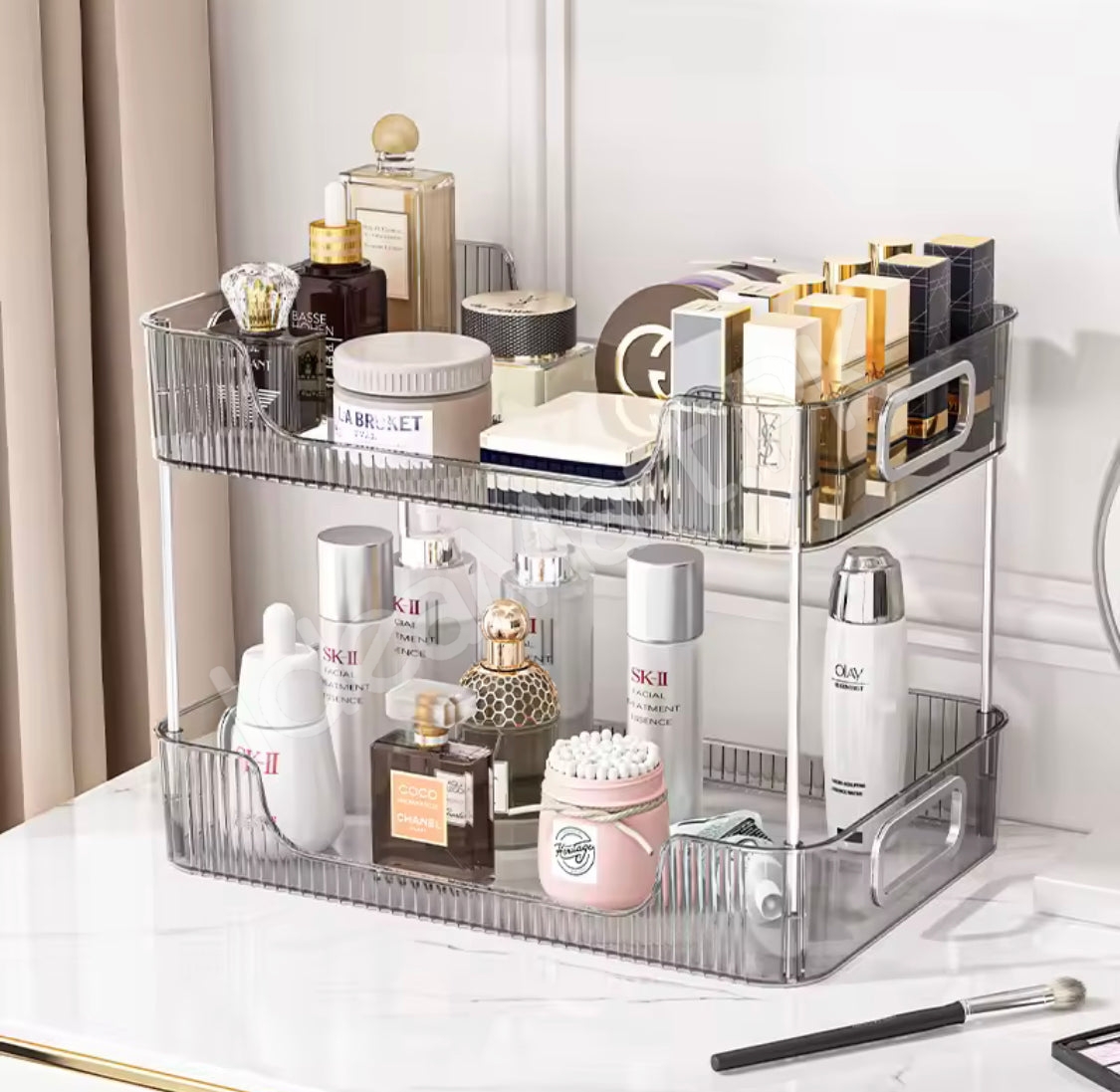 2-tier-clear-acrylic-countertop-organizer-stackable-vanity-storage-rack-with-gold-handles-for-makeup-skincare-bathroom-toiletries-product-image