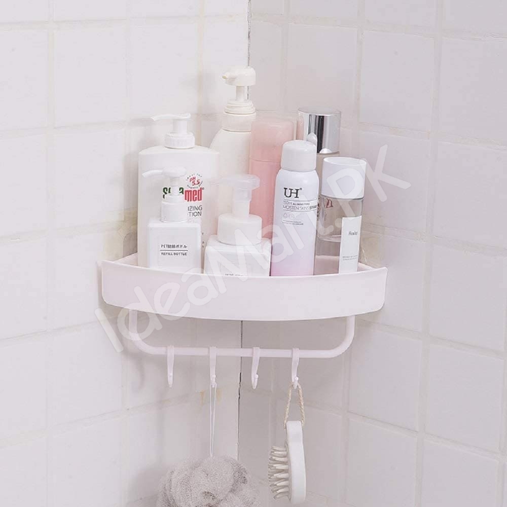 durable-plastic-corner-shower-organizer-shelf-with-4-hanging-hooks-adhesive-wall-mount-for-bathroom-toiletries-storage-product-image