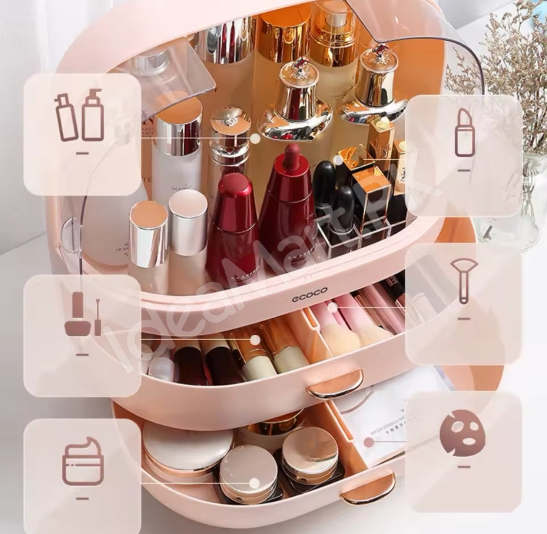 dustproof-cosmetic-storage-box-with-clear-lid-2-drawers-rose-gold-accents-for-vanity-countertop-makeup-organizer-product-image