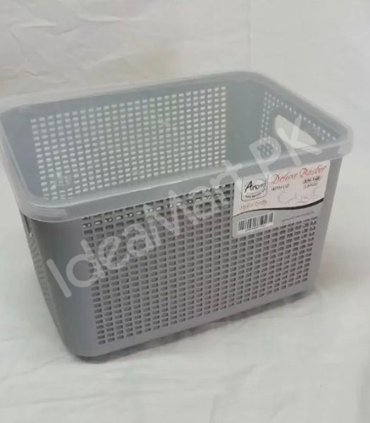 rectangular-perforated-plastic-storage-basket-with-clear-lid-built-in-carry-handlesfor-multi-purpose-home-storage-product-image