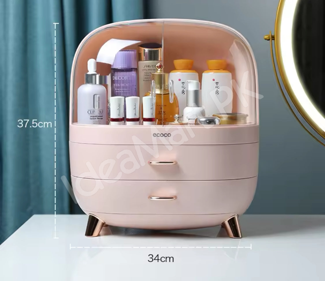 dustproof-cosmetic-storage-box-with-clear-lid-2-drawers-rose-gold-accents-for-vanity-countertop-makeup-organizer-product-image