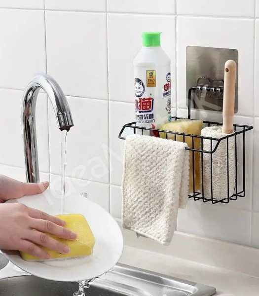 metal-sponge-holder-with-towel-stand-kitchen-dish-cloth-sponge-shelf-storage-basket-bathroom-towel-drain-rack-kitchen-organizer-shower-caddy-basket-shelf-product-image