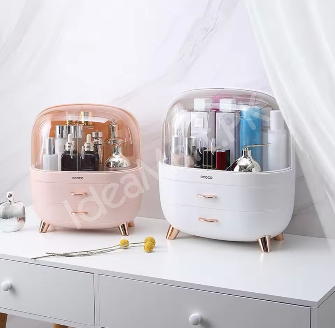 dustproof-cosmetic-storage-box-with-clear-lid-2-drawers-rose-gold-accents-for-vanity-countertop-makeup-organizer-product-image