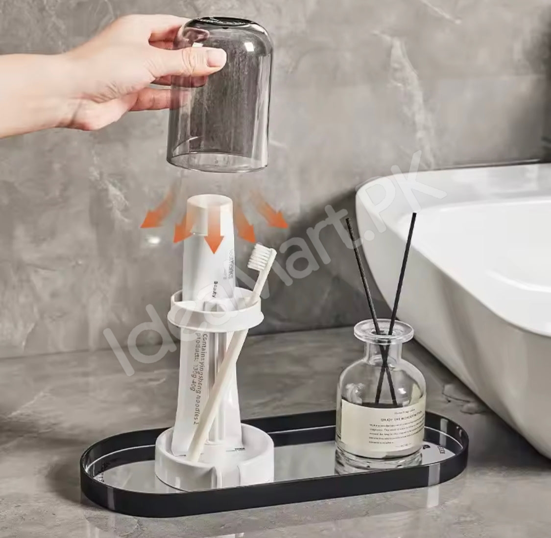 dustproof-toothbrush-holder-with-protective-cover-stand-alone-toothpaste-storage-rack-multi-slot-countertop-bathroom-vanity-organizer-product-image