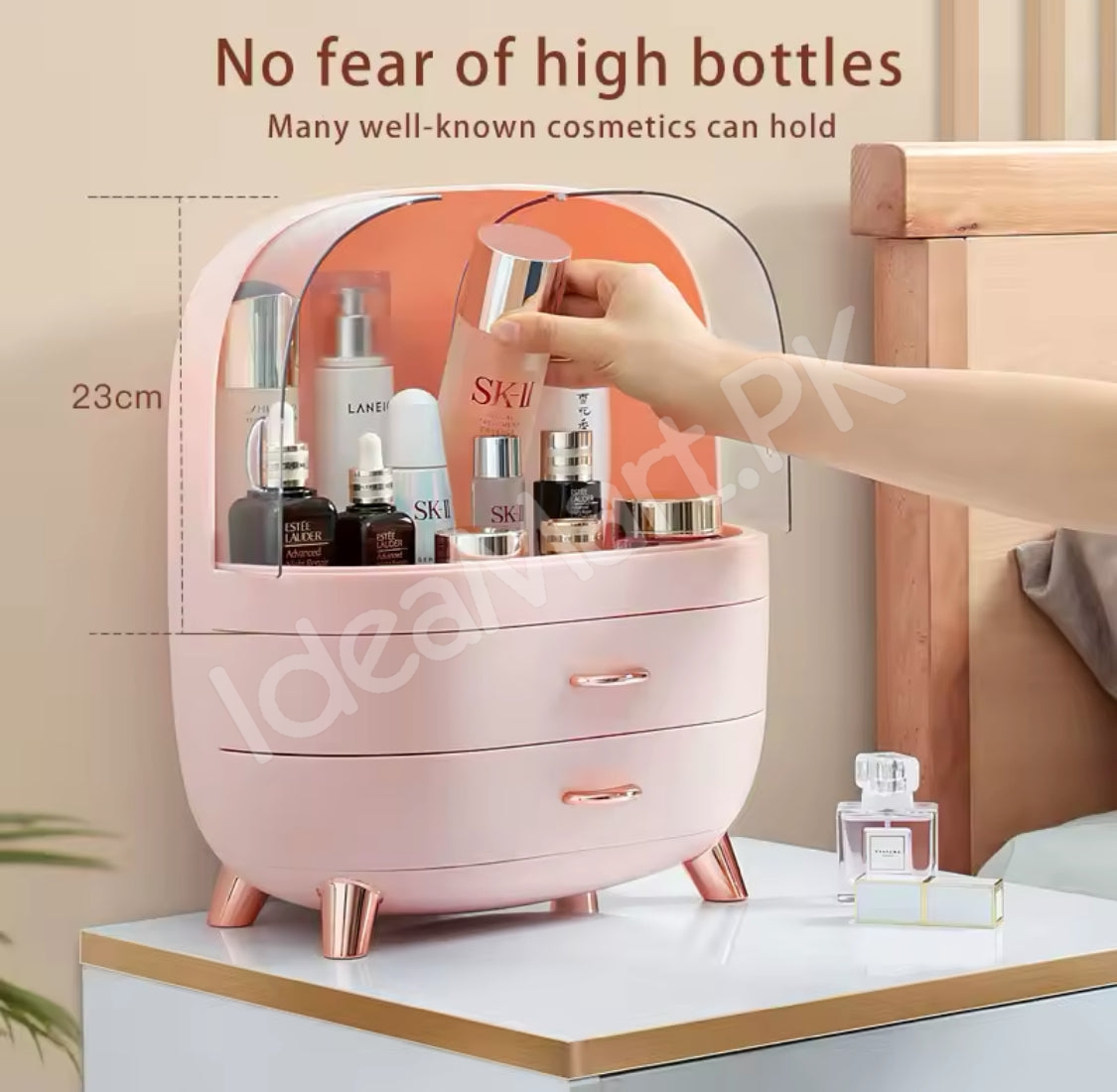 dustproof-cosmetic-storage-box-with-clear-lid-2-drawers-rose-gold-accents-for-vanity-countertop-makeup-organizer-product-image