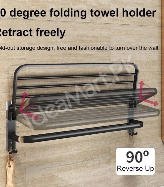 aluminum-space-saving-wall-mounted-double-folding-bath-towel-holder-shelf-with-hooks-for-bathroom-storage-product-image