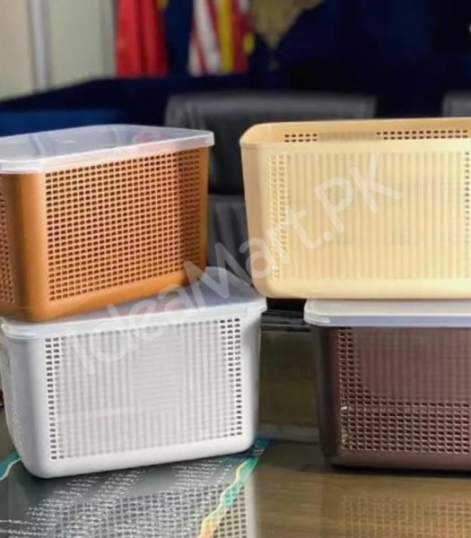 rectangular-perforated-plastic-storage-basket-with-clear-lid-built-in-carry-handlesfor-multi-purpose-home-storage-product-image