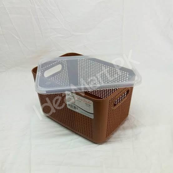 rectangular-perforated-plastic-storage-basket-with-clear-lid-built-in-carry-handlesfor-multi-purpose-home-storage-product-image