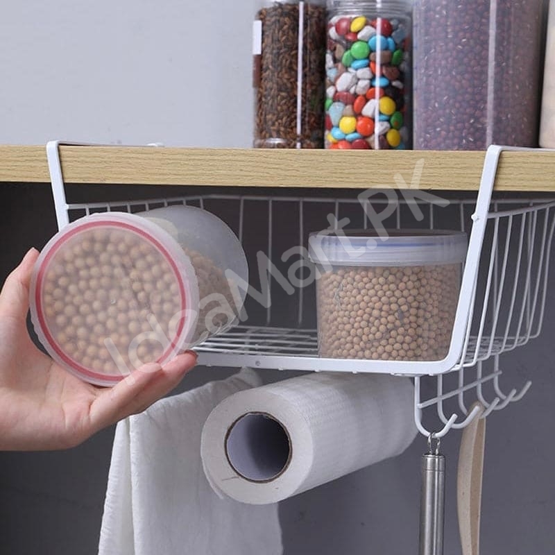 black-metal-wire-under-cabinet-shelf-storage-basket-with-integrated-paper-towel-roll-holder-5-hanging-utensil-hooks-for-kitchen-pantry-product-image