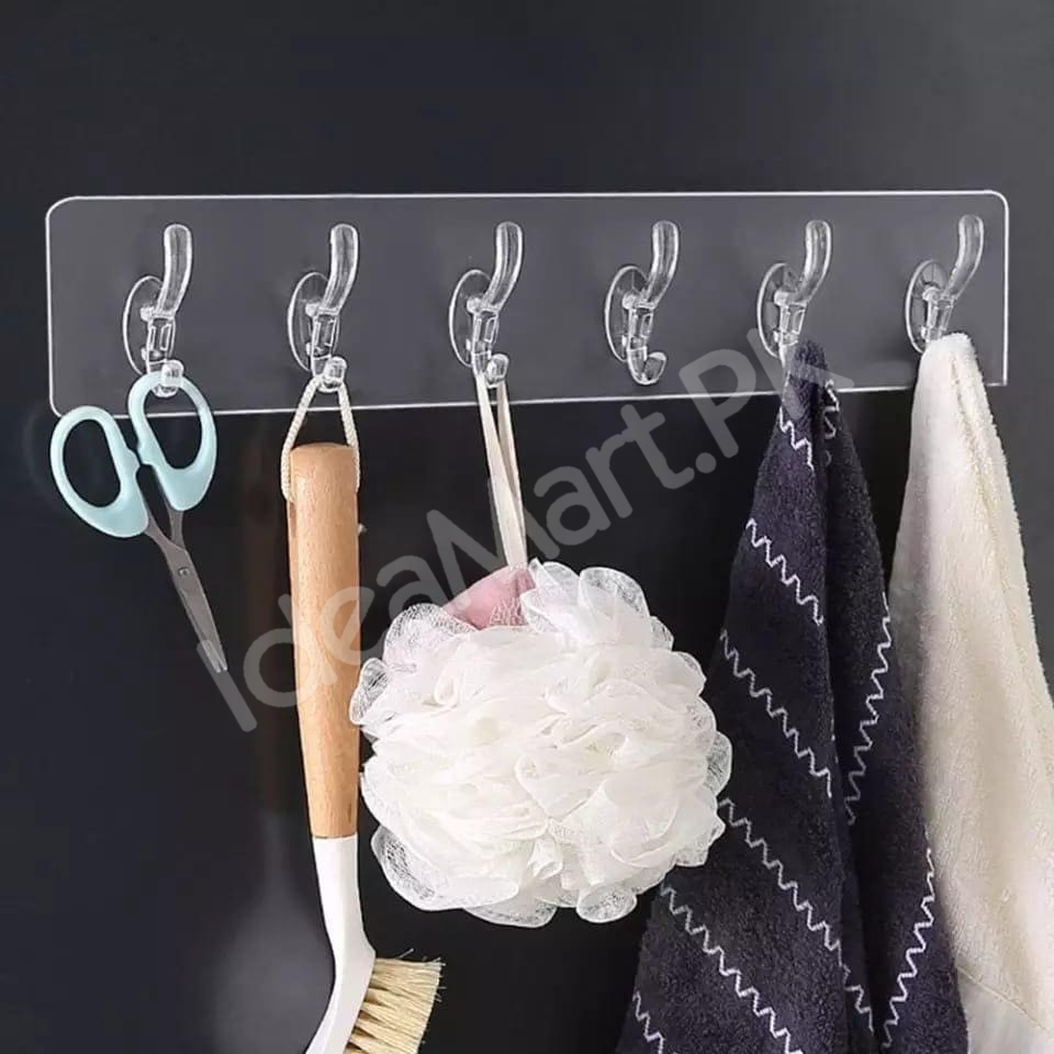 flexible-transparent-6-hook-adhesive-utility-strip-hanger-wall-mount-storage-for-bathroom-towels-kitchen-tools-home-goods-product-image