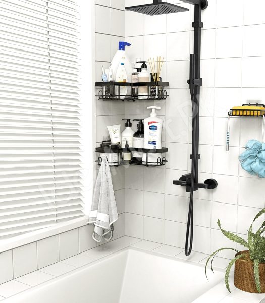 5-piece-black-metal-wire-shower-caddy-organizer-set-adhesive-corner-shelves-rectangular-racks-for-wall-mounted-bathroom-storage-product-image